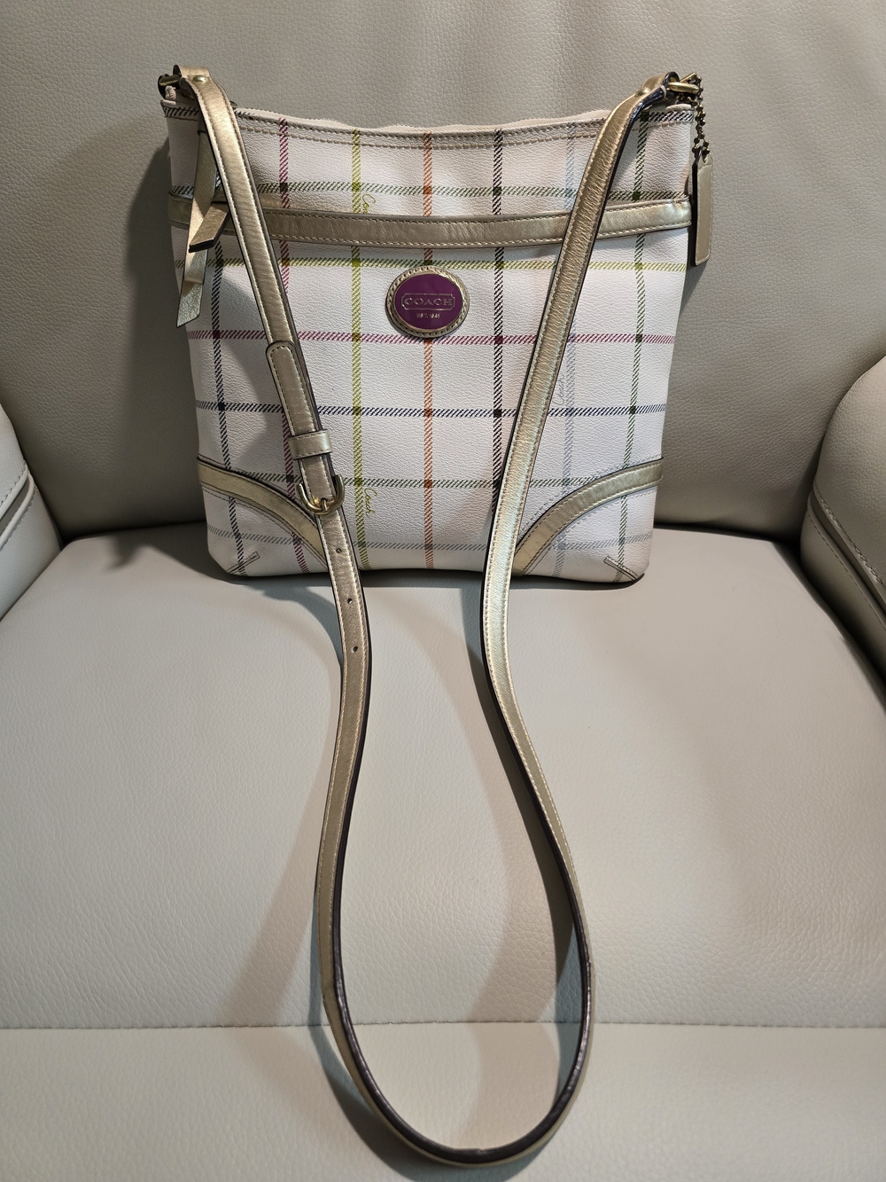Coach EUC Tattersall White Multicolored Plaid Crossbody Bag with Gold Strap 11.5